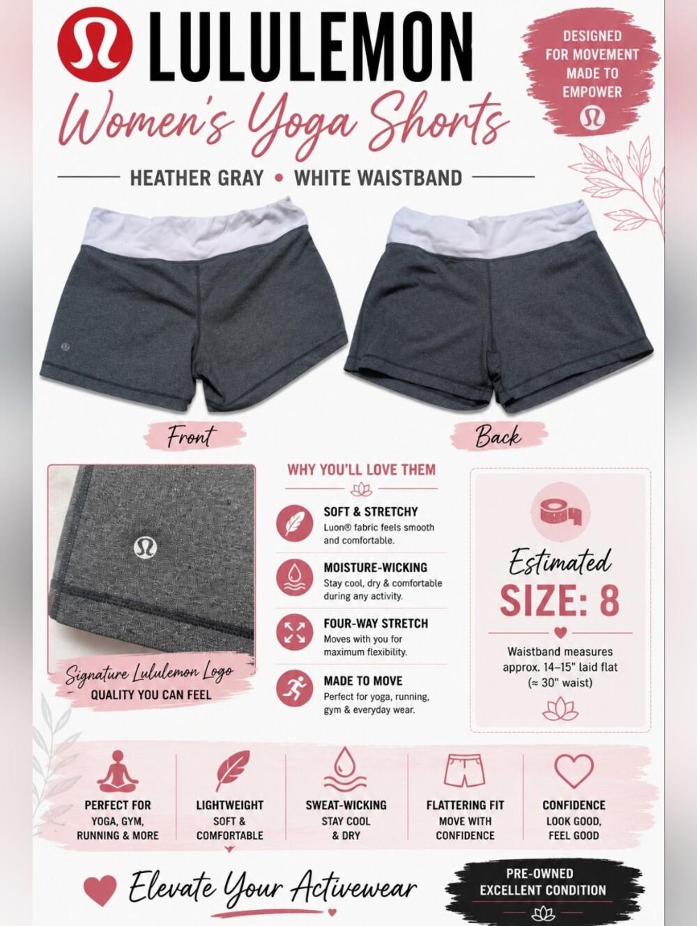 lululemon athletica Charcoal Gray Shorts with Light Pink Waistband